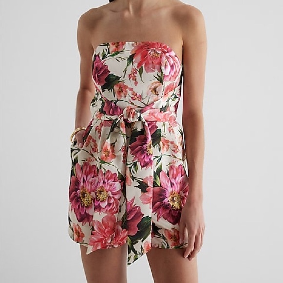 Express Pants - Express Floral Romper Satin Floral Strapless Tie Waist Romper Satin Romper
